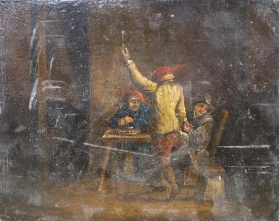 After Teniers, oil on panel, Tavern interior, 24.5 x 31.5cm. unframed.